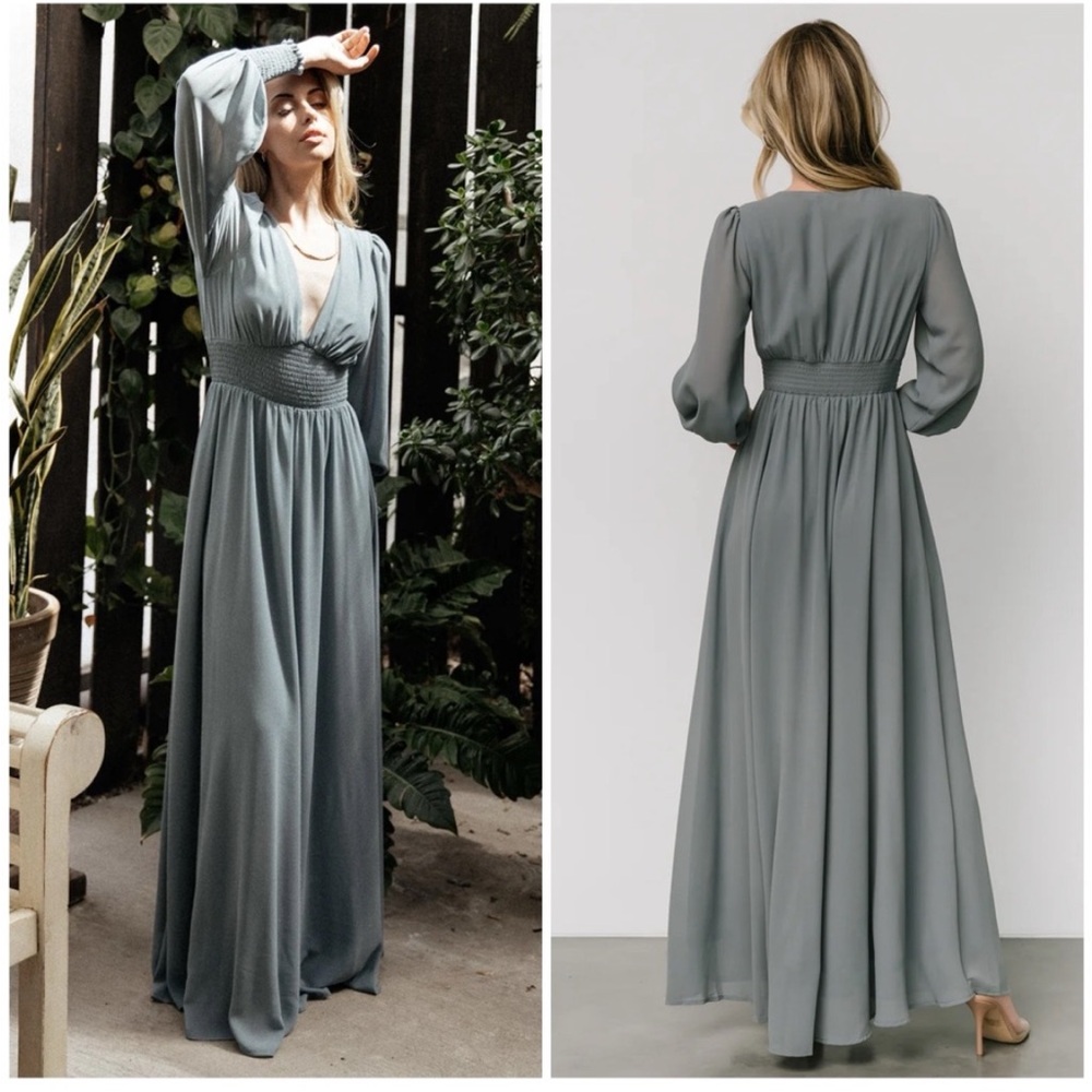 Baltic Born Dusty Blue Smocked long sleeve Maxi Gown with Bishop Sleeves